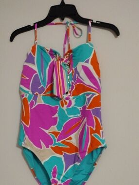 Trina Turk Teal, Purple & Orange One-Piece Swimsuit with Front Tie